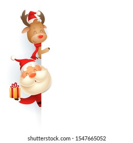 Santa Claus and Reindeer on left side of board - vector illustration isolated on white background