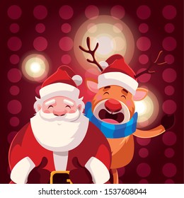 santa claus with reindeer on red background vector illustration design