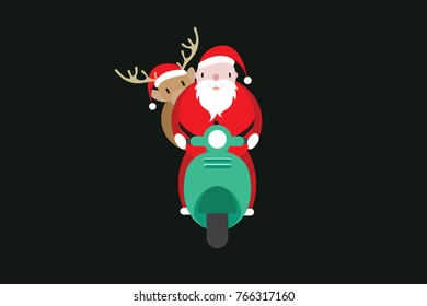 Santa Claus and reindeer on scooter Christmas celebration vector illustration