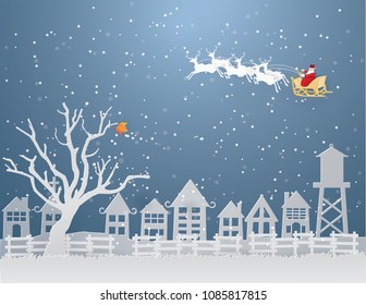 Santa Claus and Reindeer on the sky coming to Urban countryside city in winter season Merry Christmas concept .vector and illustration craft style.