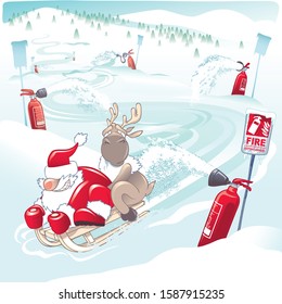 Santa Claus and a reindeer on a sledding.
Vector illustration with santa claus on a sled with a reindeer coming down from a track along which fire extinguishers and fire danger signs are placed.