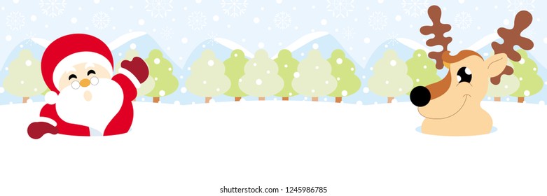 Santa claus and reindeer on snow with snowy hills forests and snowflake christmas background