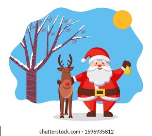 Santa Claus and reindeer on snow with jingle bell vector. Christmas and New Year holidays, fairy North pole characters, Xmas symbol and animal. Wild deer and bearded man in red costume illustration