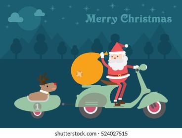 Santa Claus and Reindeer On Vespa Scooter. Christmas card background.