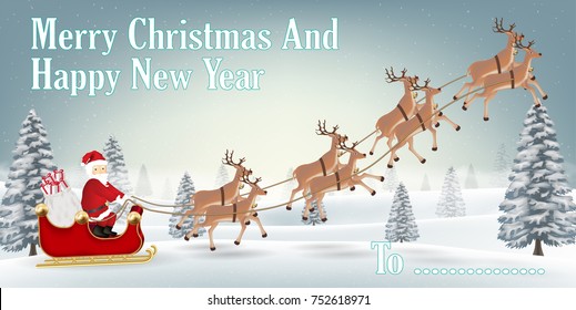 santa claus with reindeer on winter forest hill