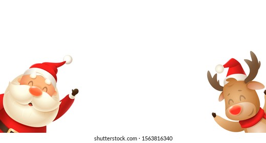 Santa Claus and Reindeer peeking on left and right side - vector illustration isolated on transparent background