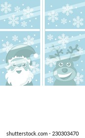 santa claus and reindeer peeking through the window glass
