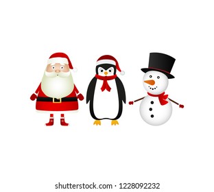 Santa claus with reindeer and penguin in the winter forest in snowfall