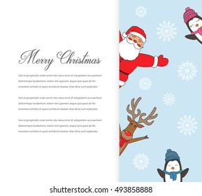 Santa Claus with Reindeer and Penguins. Cartoon character. Christmas card. Merry Christmas title written in blank space. Vector illustration