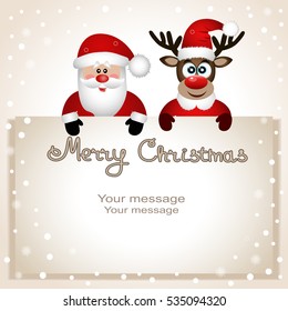 Santa Claus and reindeer with a place for text greeting card. Postcard with Christmas reindeer and Santa. 
