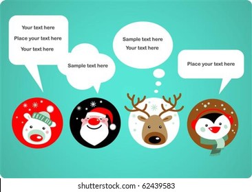 Santa Claus, Reindeer, polar bear and penguin with speech bubbles