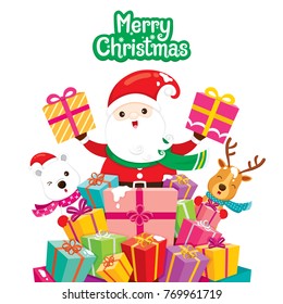 Santa Claus, Reindeer And Polar Bear With Pile Of Gifts, Xmas, Happy New Year, Objects, Animals, Festive, Celebrations