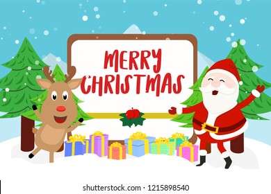 santa claus and reindeer present the sign tag of merry christmas with gift boxes on snowy floor on winter background. concept for christmas and new year geeting card template in vector illustration