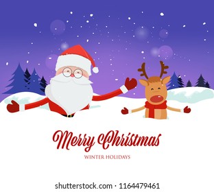Santa Claus and reindeer presenting merry christmas greeting card. Vector illustration of cartoon characters on dark blue background with snow.