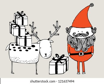  santa claus with reindeer and presents vector/illustration