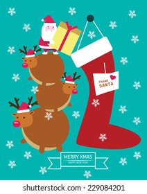 Santa Claus and reindeer putting gift into big sock. christmas and New year. flat character design. vector illustration 