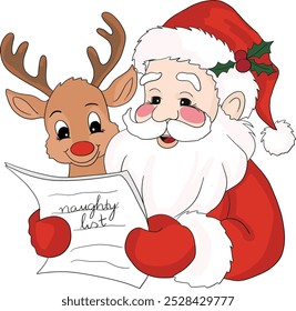 Santa Claus and reindeer reading the naughty list Art and Illustration