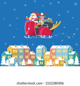 Santa Claus and reindeer riding red vintage scooter with big deer horn at night carring present box sacks flying over winter town with colorful buildings, trees, snowman and snow in flat cartoon style