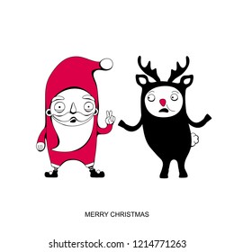 Santa Claus and reindeer  Rudolph.  Christmas greeting card. Vector illustration