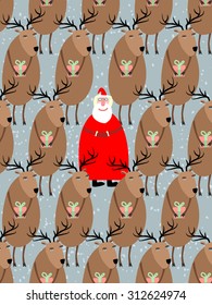 Santa Claus with reindeer seamless pattern. Vector background of animals and grandfather with beard. Ornament for holidays of Christmas and new year.