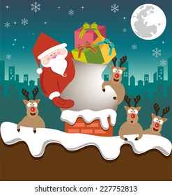 Santa claus and Reindeer send gifts on chimney vector, Christmas Night