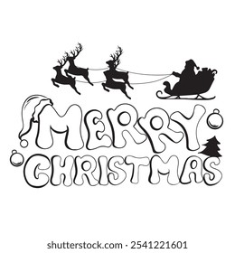 santa claus and reindeer silhouette merry christmas card black and white vector illustration art