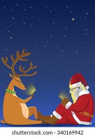 Santa claus and Reindeer sit on the ground playing theirs mobile phone in starry night