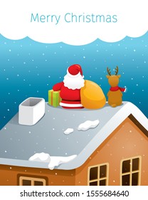 Santa Claus And Reindeer Sitting Back On Roof With Big Bag And Gift Box, Merry Christmas, Xmas, Happy New Year, Objects, Animals, Festive, Celebrations