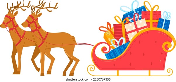 Santa Claus reindeer sleg carries with gifts to children vector illustration, isolated on white background. Merry Christmas Santa deer card