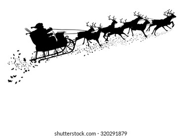 Santa Claus with Reindeer Sleigh - Black Silhouette - Outline Shape of Sledge, Sled - Holiday Season Symbol - Christmas, XMas, X-Mas. Greeting Card Template.