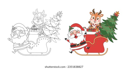 Santa Claus, Reindeer, Sleigh and Christmas tree, Christmas theme line art doodle cartoon illustration, Merry Christmas.