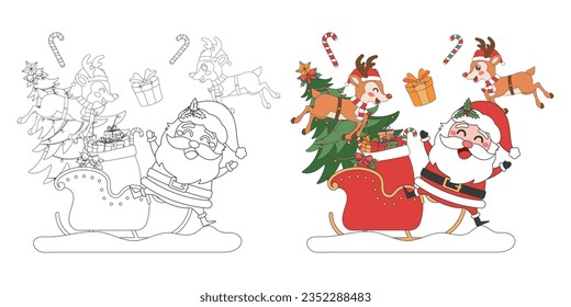 Santa Claus, reindeer with sleigh, Christmas theme line art doodle cartoon illustration, Coloring book for kids, Merry Christmas.