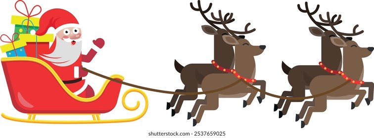 Santa claus with reindeer, sleigh and christmas gift boxes, greeting card