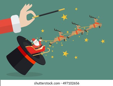 Santa claus with reindeer sleigh flying out of the magic hat. Vector illustration