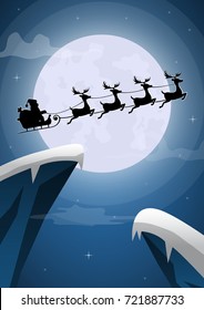 Santa Claus and Reindeer Sleigh Flying with The Full Moon on Christmas Eve, Merry Christmas Card Background