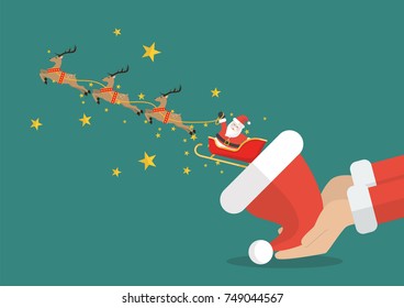 Santa claus with reindeer sleigh flying out of the santa hat. Vector illustration