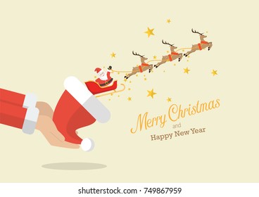 Santa claus with reindeer sleigh flying out of the santa hat greeting card. Vector illustration