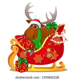Santa Claus reindeer and sleigh with gifts isolated on a white background. Vector cartoon close-up illustration