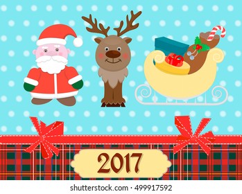 Santa Claus, a reindeer and a sleigh with gifts on Christmas poster with scrapbooking elements