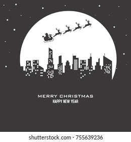santa claus reindeer sleigh over city. christmas card