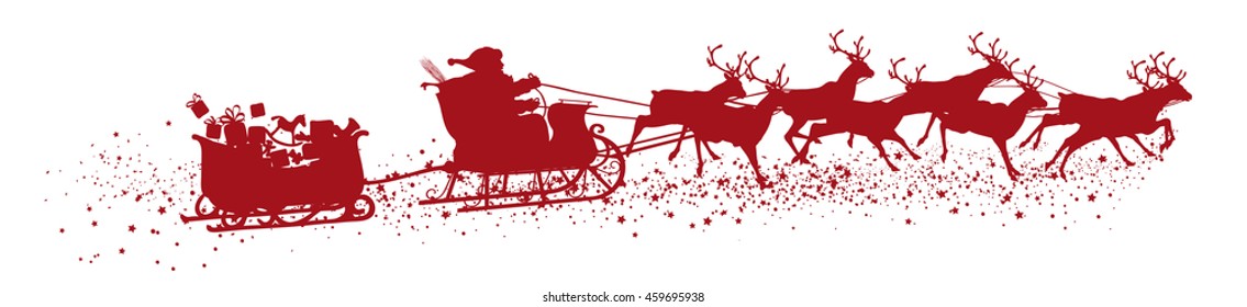 Santa Claus with Reindeer Sleigh and Trailer - Red Vector Silhouette