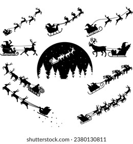 Santa Claus with Reindeer Sleigh, santa sleigh vector, Christmas silhouette
