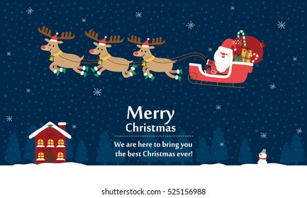 Santa Claus with Reindeer Sleigh. Vector illustration for christmas card.