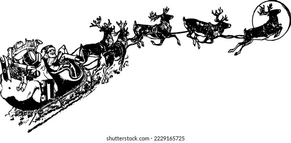 Santa Claus with Reindeer Sleigh Vintage Illustration