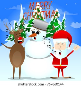 Santa Claus, reindeer and snowman  caroling in a winter scene.