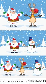 Santa Claus, Reindeer, And Snowman Cartoon Characters. Vector Collection Set With Background