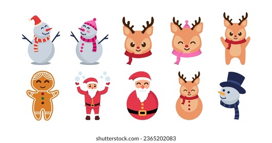 Santa claus with reindeer and snowman character set illustration