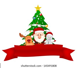santa claus, reindeer and snowman with christmas tree and red ribbon
