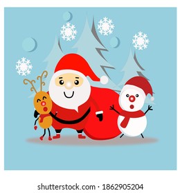 Santa Claus Reindeer Snowman In Christmas Season