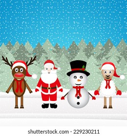 Santa Claus, a reindeer and a snowman in the Christmas forest 